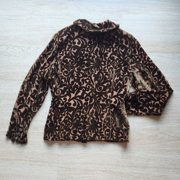 Wah Maker True West Burnout Velvet Shirt Button Long Sleeve Silk Blend Brown - Picture 4 of 6